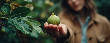 Female figure presents ripe green fig in hand, amidst vibrant leaves, highlighting the connection to nature and the joy of harvesting fresh fruitsの素材