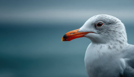 Detailed close-up of a seagull with vibrant orange beak and soft feathers, positioned against a blurred ocean backdrop, highlighting the tranquility of natureの素材