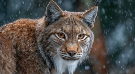 Majestic lynx stands amidst snowflakes, highlighting its beautiful fur and intense gaze, embodying the essence of wildlife in a tranquil winter settingの素材