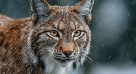 Majestic lynx with beautiful fur and intense gaze, stands in snowy environment, highlighting the essence of wildlife and the serene beauty of winter landscapesの素材