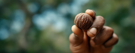 Hand is holding a beautifully textured nut against a soft-focus natural backdrop, highlighting the organic details and earthy tones of the sceneの素材
