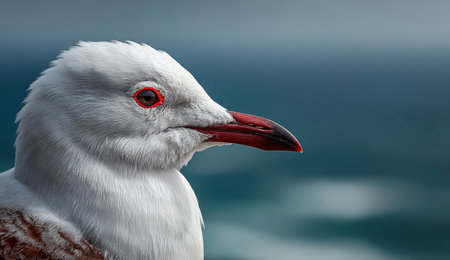 Detailed close-up of a seagull with vibrant red eyes and fluffy white feathers, set against a serene ocean background, highlighting nature's eleganceの素材