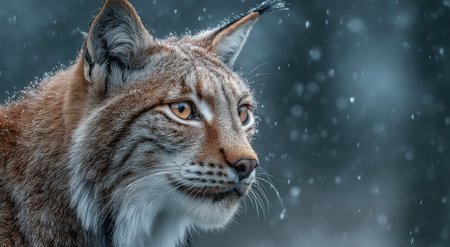 Close-up of a lynx with captivating amber eyes, amidst gentle snowfall, highlighting the animal's fur texture and the peaceful winter atmosphere of its natural habitatの素材