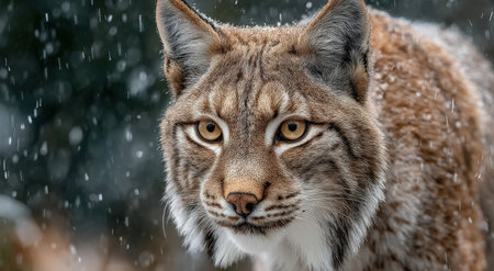 Majestic lynx with beautiful fur and intense gaze stands in a snowy environment, surrounded by snowflakes, highlighting the essence of wildlife in winterの素材