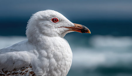 Close-up of a white seabird with vivid red eyes, perched near the ocean, highlighting its delicate feathers and the tranquil coastal atmosphere surrounding itの素材