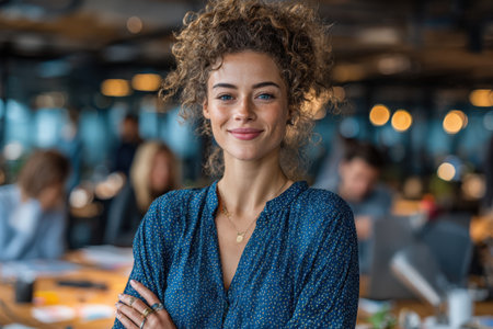 Confident young woman with curly hair in blue blouse stands in modern office, surrounded by colleagues working together, highlighting teamwork and creativityの素材