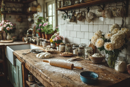 Cozy kitchen setting features a wooden table with a rolling pin, flour, and vibrant flowers, evoking a sense of warmth and culinary inspirationの素材