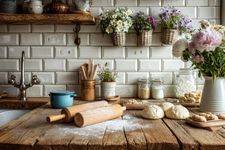 Cozy kitchen setting with wooden table, flour scattered, rolling pin, fresh dough, jars of ingredients, and colorful flowers, evoking a sense of home and culinary creativityの素材