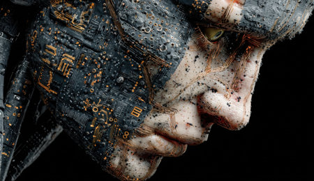 Humanoid figure displays detailed circuitry and mechanical components, merging human traits with technology, creating a striking representation of robotics and innovationの素材