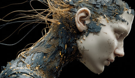 Humanoid figure features detailed circuitry and golden hair, highlighting the fusion of technology and art in a striking portrait with a dark backgroundの素材