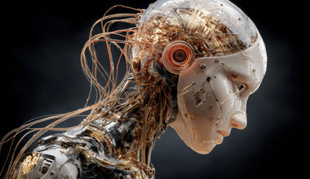 Humanoid robot with detailed circuitry and metallic elements, highlighting advanced technology and design, embodying the fusion of human characteristics and artificial intelligenceの素材