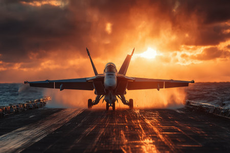Military jet positioned on aircraft carrier deck during sunset, with powerful engines visible and dramatic clouds creating an intense atmosphere of aviation readinessの素材