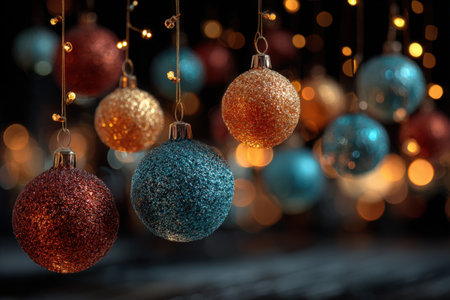 Glittering Christmas ornaments in vibrant colors are suspended against a soft-focus backdrop of warm lights, evoking a cheerful holiday spiritの素材