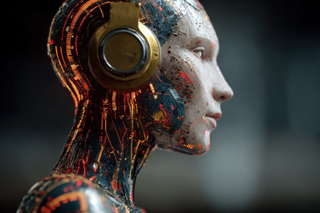 Humanoid robot features detailed circuitry and headphones, highlighting the blend of technology and artistry, creating a captivating visual of modern roboticsの素材