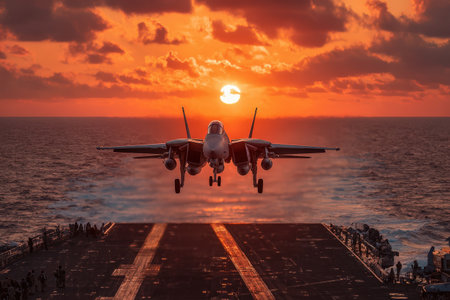 Jet aircraft launches from carrier deck during sunset, with dramatic sky and ocean backdrop, highlighting military aviation and operational excellenceの素材