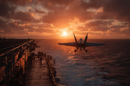 Aircraft launching from carrier deck during sunset, highlighting the strength of military aviation with ocean waves and colorful sky creating a stunning visual experienceの素材