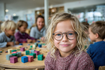 Smiling girl with glasses engages with colorful blocks in a lively classroom, surrounded by other children playing and learning in a vibrant educational environmentの素材