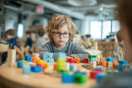 Child with curly hair and glasses is engaged with vibrant building blocks on a wooden table in a cheerful setting, highlighting imaginative play and learningの素材