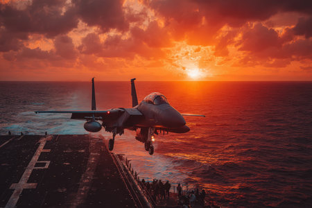 Fighter jet ascends from aircraft carrier against vibrant sunset, highlighting dynamic aviation scene with ocean waves and crew members observing the powerful flightの素材