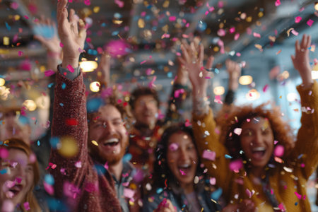 Diverse group of friends celebrating indoors, joyfully tossing colorful confetti, creating an energetic ambiance filled with laughter and happiness during a festive occasionの素材