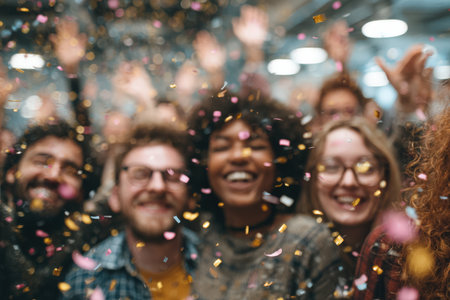 Diverse group of friends joyfully celebrating with confetti, showcasing their happiness and connection in a lively atmosphere filled with excitement and energyの素材