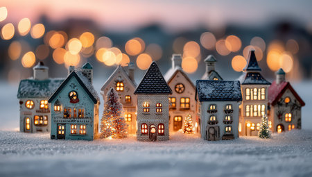 Charming miniature houses with illuminated windows are set on snow, surrounded by festive decorations and a warm ambiance, evoking a cozy winter sceneの素材