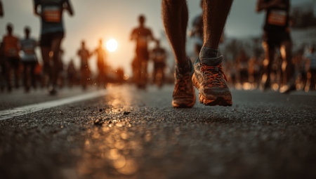 Close-up of runner's feet hitting pavement during marathon, with other athletes blurred in the background, showcasing the intensity and spirit of athletic competitionの素材