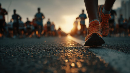 Runner's foot in vibrant orange sneakers strikes the asphalt road, surrounded by blurred silhouettes of fellow participants, capturing the energy of a marathon raceの素材