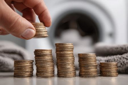 Hand is stacking coins on a table, symbolizing financial growth and savings, with soft towels and a washing machine in the background, enhancing the home environmentの素材
