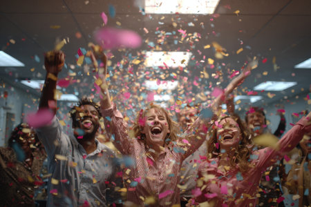 Diverse group of people joyfully celebrating in an office, surrounded by colorful confetti, expressing happiness and teamwork in a vibrant atmosphereの素材