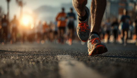 Runner's feet in colorful shoes are captured in motion on a sunlit road, with other marathon participants in the background, highlighting the excitement of the raceの素材