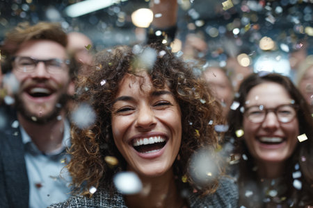 Happy woman with curly hair is enjoying a celebration with friends, surrounded by colorful confetti, embodying joy and camaraderie in a lively settingの素材