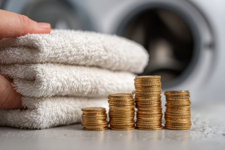 Neatly stacked white towels are positioned next to gleaming gold coins, representing the connection between cleanliness and financial success in a contemporary laundry settingの素材