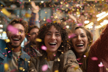 Diverse group of friends joyfully celebrating with colorful confetti in a lively setting, capturing the essence of happiness and togetherness during a festive occasionの素材