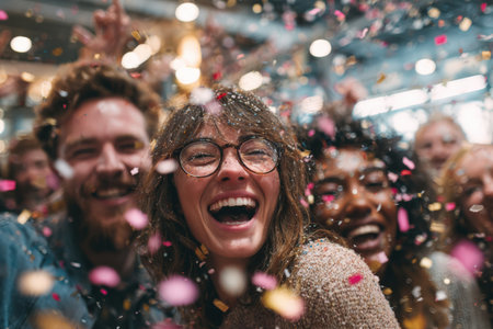 Diverse group of friends enjoying celebration, laughing and smiling amidst colorful confetti, creating a vibrant and joyful ambiance of togetherness and excitementの素材