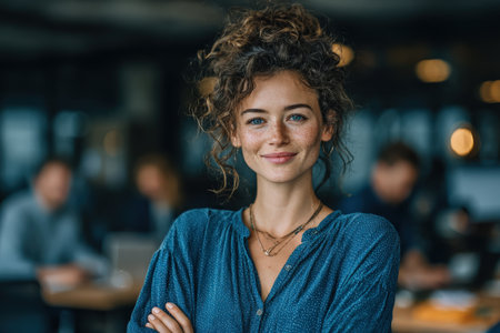 Confident young woman with curly hair and freckles, dressed in blue shirt, stands in modern office, exuding professionalism and warmth in collaborative atmosphereの素材