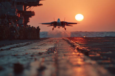 Military fighter jet launches from aircraft carrier deck at sunset, with crew members in the foreground, highlighting the intensity of aviation operations and teamworkの素材