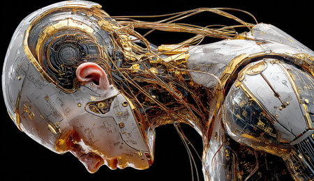 Humanoid robot with detailed metallic structure and visible wiring, emphasizing innovative design and technology, creating a captivating visual experienceの素材