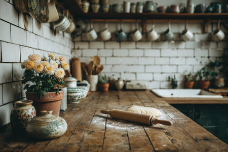 Cozy kitchen setting with a wooden table dusted in flour, a rolling pin, and vibrant potted flowers, surrounded by ceramic pots and kitchen utensils, perfect for bakingの素材