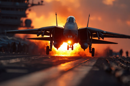 Military aircraft launches from carrier deck, surrounded by vibrant sunset colors and dynamic exhaust flames, capturing the essence of aerial strength and technologyの素材