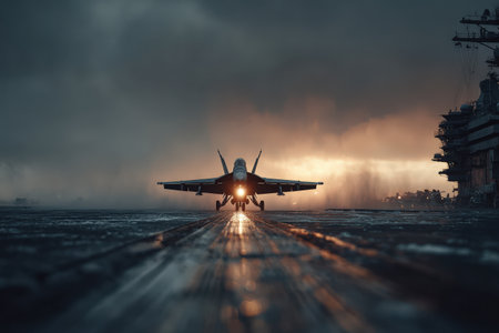 Military jet stands on aircraft carrier deck, with dramatic sunset lighting and stormy clouds, highlighting advanced aviation technology and maritime atmosphereの素材