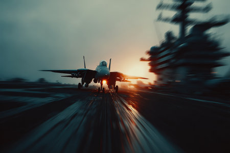Military aircraft is launching from carrier deck during sunset, with blurred motion and vibrant colors, highlighting the power and speed of aviation technologyの素材