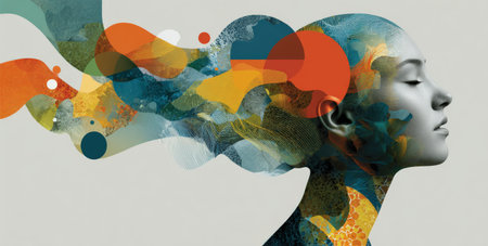 Profile of a woman illustrated with flowing colors and textures, symbolizing creativity and imagination, creating a captivating visual narrative of artistic expressionの素材