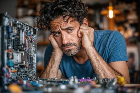 Male technician is focused on repairing a computer motherboard in a workshop filled with tools and equipment, illustrating the complexities of technology maintenanceの素材