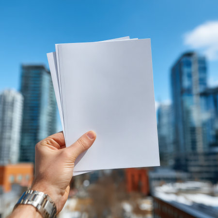 A hand presents blank sheets of paper in front of a bustling urban backdrop, featuring modern architecture and bright blue sky, ideal for creative projects and presentationsの素材