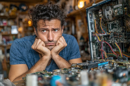 Male technician is focused on a computer motherboard in a busy workshop, surrounded by electronic parts and tools, reflecting on a technical challengeの素材