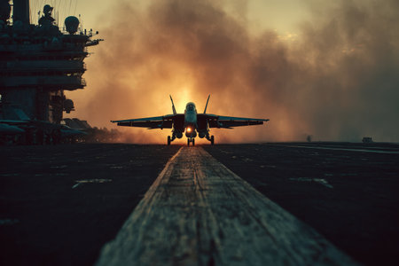 Military jet positioned on aircraft carrier deck during sunset, with vibrant clouds and warm light enhancing the scene's intensity and showcasing aviation powerの素材