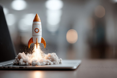 Vibrant rocket takes off from laptop, with smoke and sparks creating dynamic atmosphere, representing innovation, technology, and the spirit of entrepreneurshipの素材