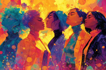 Colorful illustration featuring five women with distinct hairstyles and expressions, set against an abstract background, symbolizing empowerment, diversity, and unityの素材