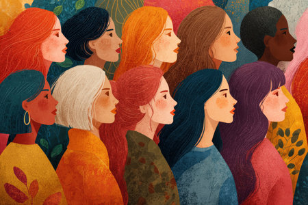 A vibrant illustration featuring women of different ethnicities and hairstyles, standing in profile against a colorful backdrop, symbolizing strength and unity in diversityの素材